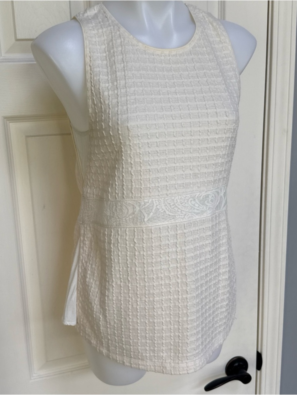 Anthropologie DELETTA Mira Cream Tank Top Tunic Pullover Boho Check Floral Sz M